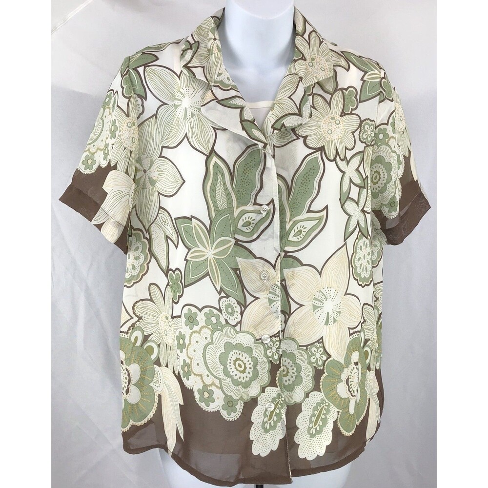 Nwt MG Twinset top M white green floral chiffon button up collar Tropical Career
